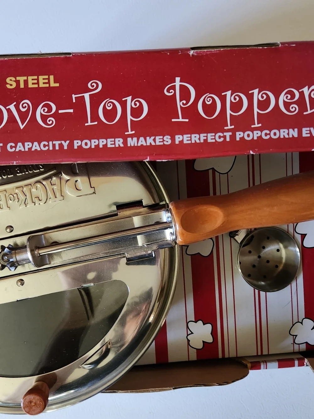 Stainless Steel Stove-Top Popper with Brown Wooden Handle